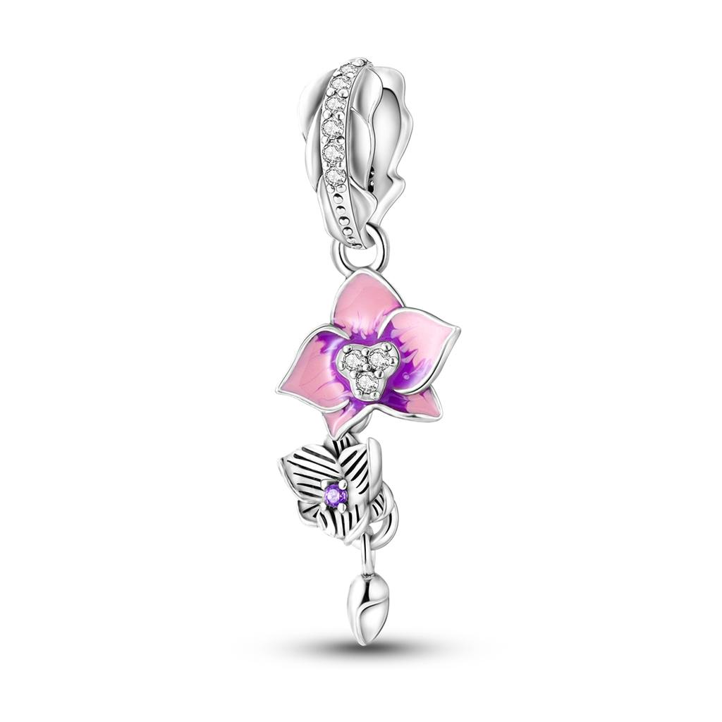 Orstarry 925 Silver Pink Orchid Wind Chime Pendant Beads Original Pendants Bracelet Charm Jewelry Party DIY Gifts