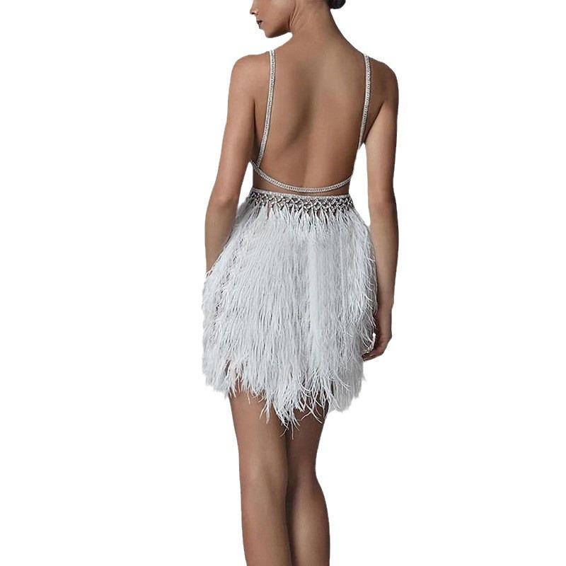 Ins Autumn And Winter European And American Suspender V-Neck Feather Dress Sexy Women'S Banquet Evening Dress Temperament Elegant