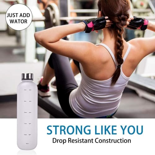Water Bottle with Time Marker, 1000ml Silver Steel Cover, BPA-Free Drinking Reminder, Leak-Proof Frosted Time Marker for Fitness, Sports, and Outdoors