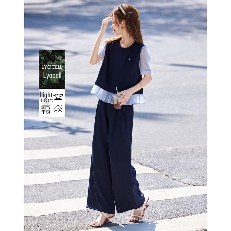 Women s Summer Spliced Short-Sleeve Wide-Leg Pant Set M
