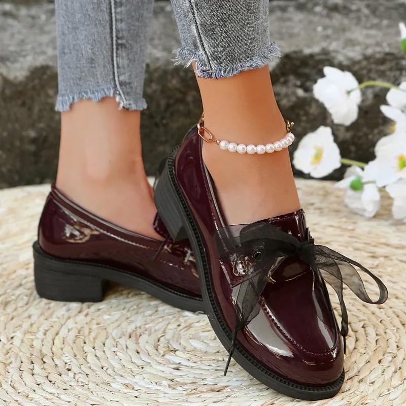 Women Chunky Loafers Fashion Bowknot Patent Leather Mid Heels Shoes 2024 Autumn Female New Brand Designer Pumps Mujer Zapatillas
