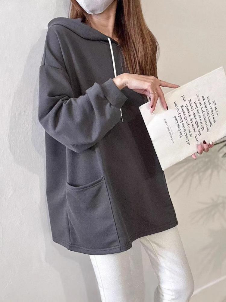 Dongdaemun Stylish Terry Hooded Sweatshirt with Double Pockets - Loose-Fit Casual for Plus Sizes Women.