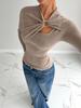 European-American Soft Asymmetrical Long Sleeve T-shirt with Hollow Metal Buckle for Women - Spring/Summer