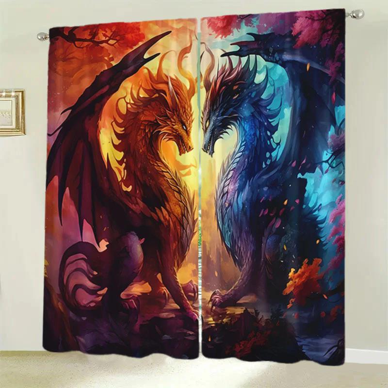 2 pieces of modern dragon pattern printed curtains, pole bag bedroom and living room, home decoration, room decoration
