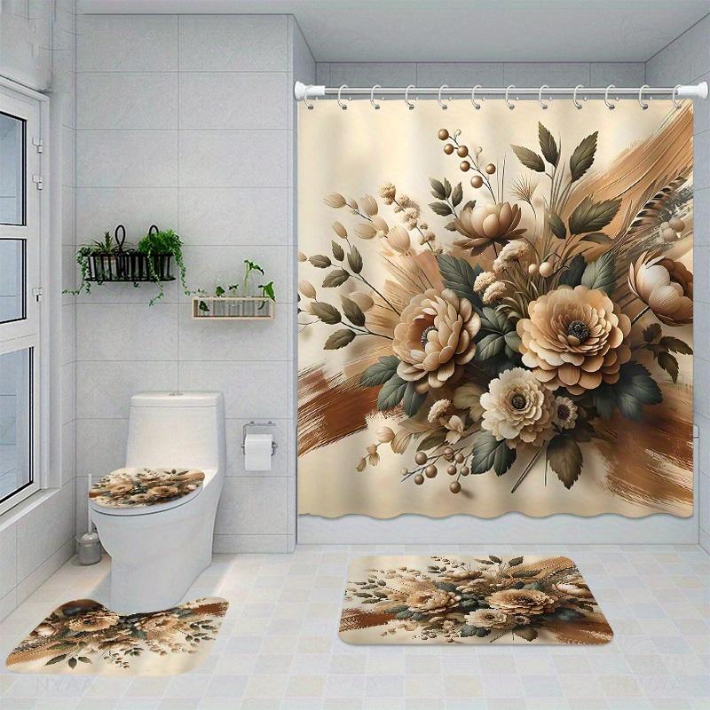 

Water-Resistant Floral Shower Curtain Set With 12 Hooks, Non-Slip Bathroom Rugs, Toilet Seat Cover, Decorative Woven Polyester W60H190(CM)-1 Pcs