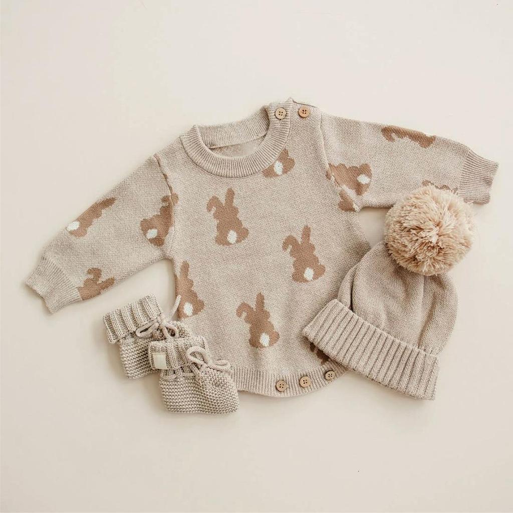 Baby Bunny Sweater Romper Set with Wool Pom-Pom Hat - Unisex, Long Sleeve