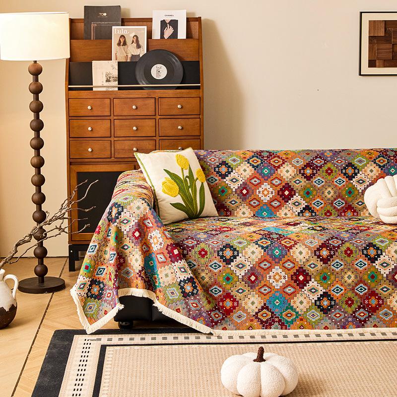 

Bohemian Jacquard Cotton Linen Sofa Cover All-Season One-Piece Anti Scratch Sofa Towel Color Plaid Multifunctional Blanket 90x90cm