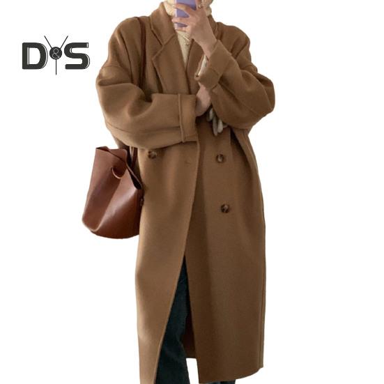 

Женское зимнее шерстяное пальто, утолщенное, двубортное, длинное, стильное, однотонное, с длинным рукавом, свободными лацканами, воротником-стойкой, карманами, тренчкот M хаки