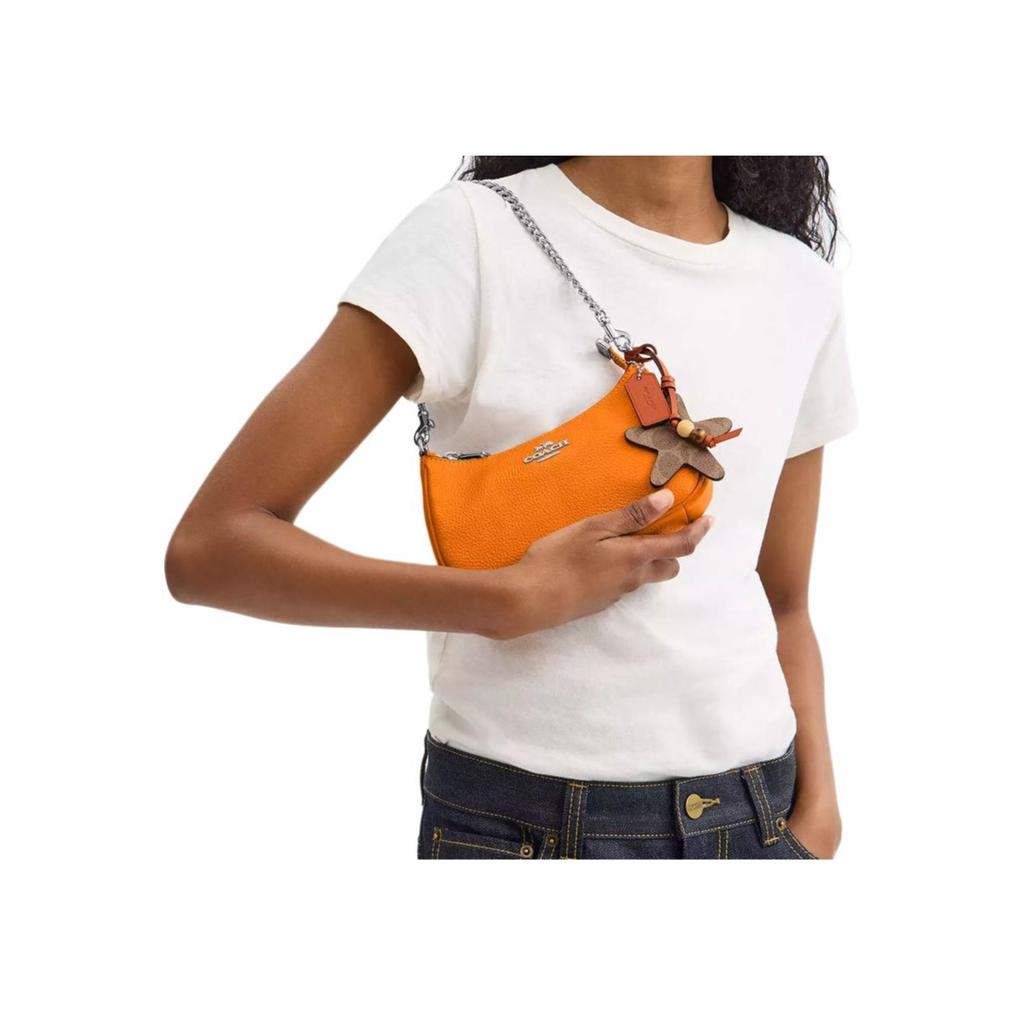 Coach Teri Shoulder Bag with Starfish Charm, Bright Orange Pebbled Leather Signature Canvas Trim Silver Hardware, Women's Daily Travel CBG79-SVY2H