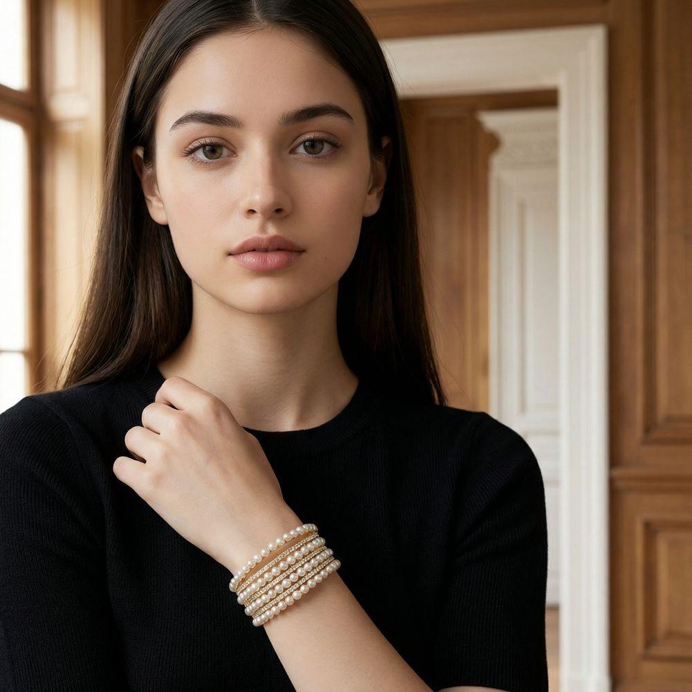 Elegant Crystal Imitation Pearl Bracelet Fashion Wide Multi Layer Rhinestones Bangles Luxury Copper Stretchable Pearl Cuff