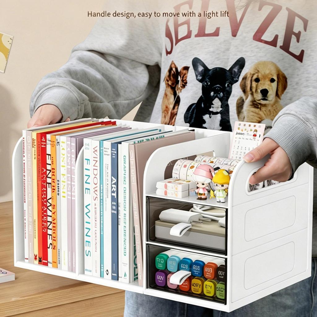 Desktop Bookshelf Organizer with Drawers and Pen Holder Desk Storage Caddy for Office Supplies Books Stationery Home Office School Dorm Desk Organizer