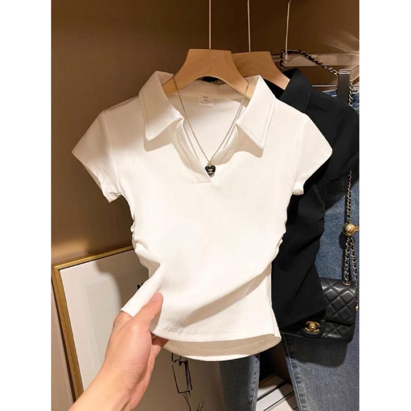 

Женская приталенная футболка с коротким рукавом и белым воротником поло - 2025 Повседневный дизайн XL белый