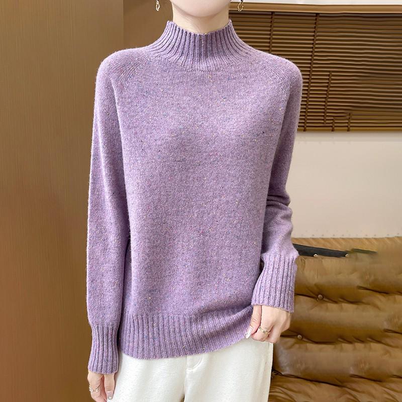 Women's Polka Dot Wool Sweater - Thick, Loose-Fit, Half-High Collar for Autumn and Winter Elegance