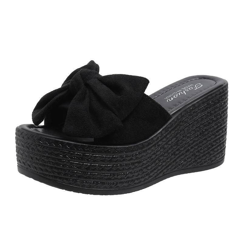 Sandals women spring and summer new slope heel thick bottom go out bow slippers fashion one word drag women