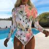 Women Long Sleeve One Piece Swimsuit Zip Front  Flower Print Rash Guard Surfing Bathing Suit