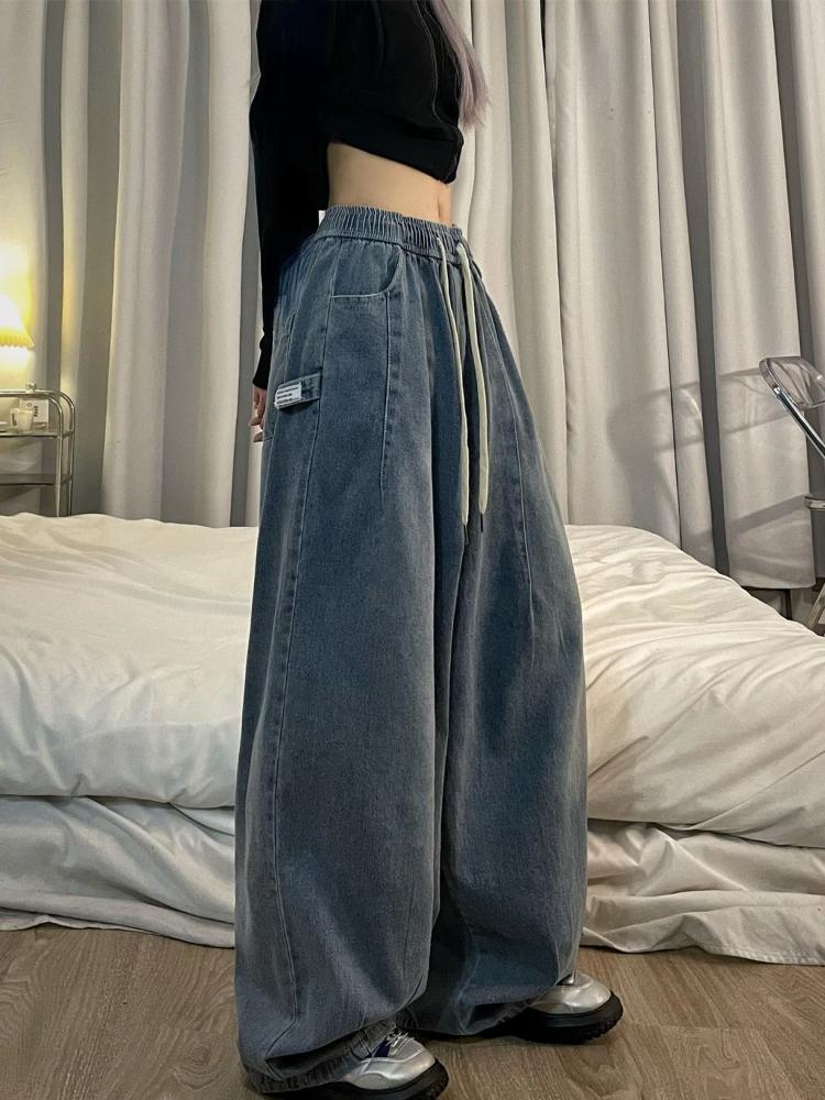 Jarní Vintage Baggy Jeans Elastický pas Ženy Oversized American Denim Široká noha Kalhoty Móda Streetwear Rovné Základní kalhoty Y2k