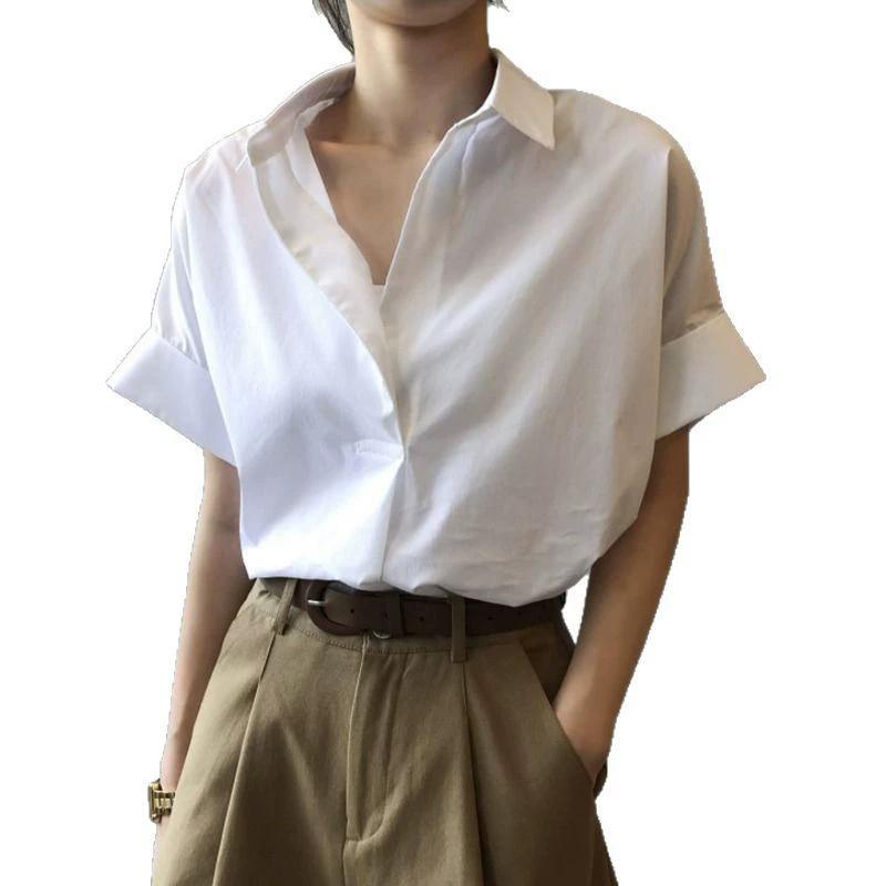 

Bat Short Sleeved Shirt with A Female Design Sense, Niche Hong Kong Style Retro Loose Shirt, Summer Thin and Chic Korean Style Top S белый
