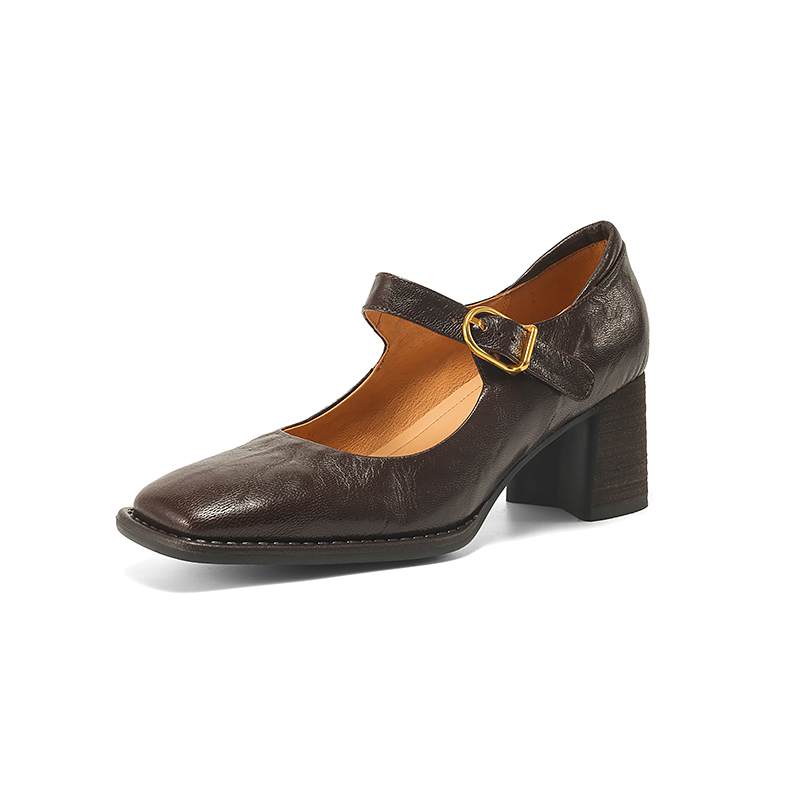 Krazing Pot Sheepskin Fashion Summer Spring Autumn Thick High Heels Metal Buckle Women  European Design Square Toe Pumps