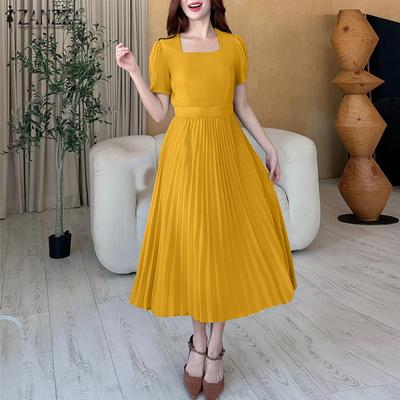 Women Square Collar Summer Casual Short Sleeve Dress