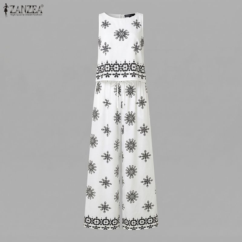 ZANZEA Two Piece Suit Women Sleeveless Print Tank Tops and Long Pants Casual Sets