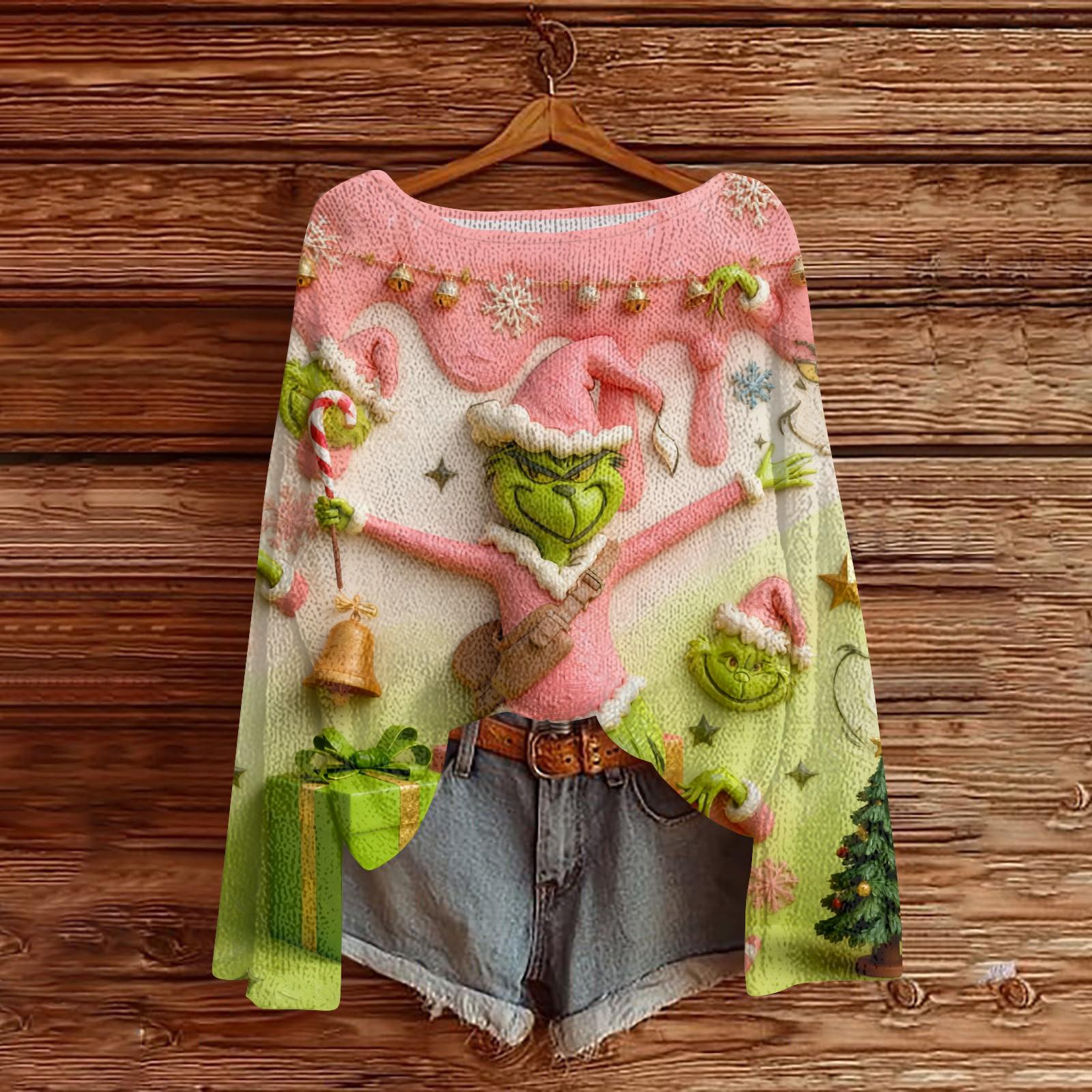 

Женский повседневный модный топ с круглым вырезом, рождественским принтом, длинным рукавом, вязаный пуловер S