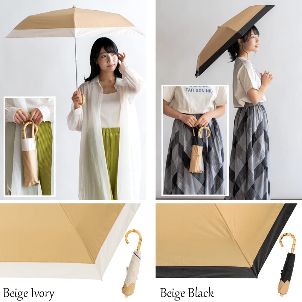 Folding Parasol for Both Rain and Shine Bamboo for Women [VITAFELICE] (lightweight/curved Handle) Vsgz-452z (combination (beige Black))