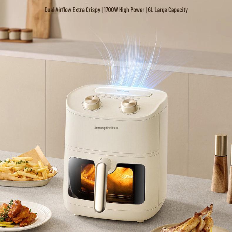 

Joyoung KL55-V610 Air Fryer, Dual Knobs & Air Ducts, Crispy Roast, 6L Capacity, Wide-Angle Window