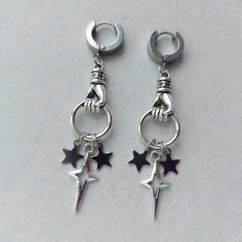 Silver Star Gothic Y2K Stainless Steel Hoop Earrings - Rock & Avant-garde Punk Style