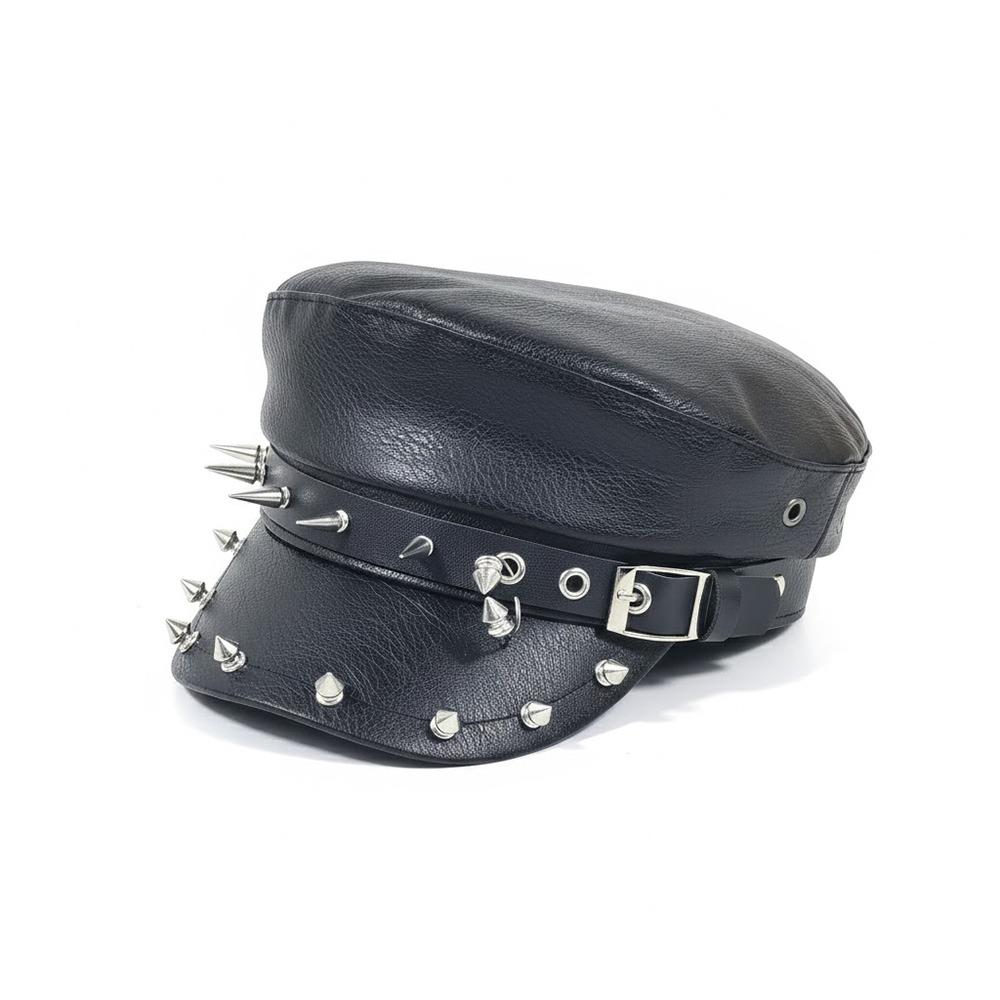 

Gothic Black Women s Beret British Style Vintage Rivet Punk Cap Pu Leather Flat Top Caps Outdoor чорний