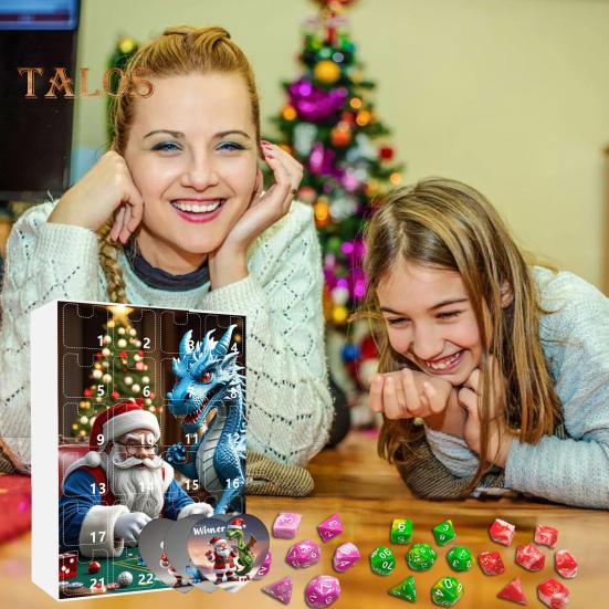 DND Dice Advent Calendar 2024 Acrylic Colorful Polyhedral Dice Set for Gamers Role Players 24 Days Christmas Countdown Calendar