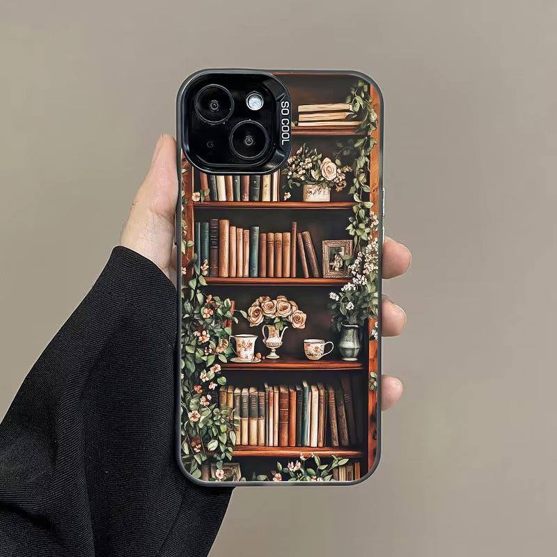 Art Bookshelf And Small Flowers Phone Case For iPhone 17 Pro Max 16 15 Pro 14 13 Mini 12 11 XR XS 17Air Plus Hard Matte Cover