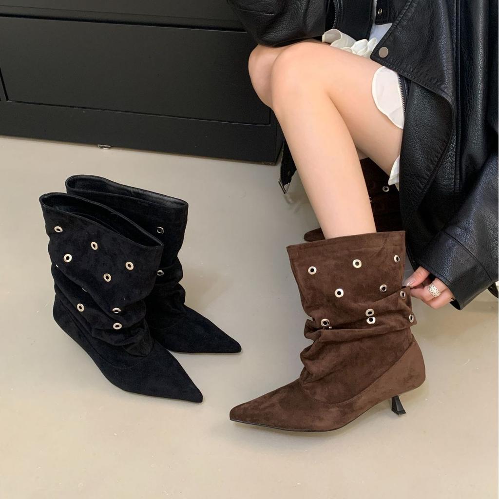 European and American fashion punk style riveted high-heeled short boots Spice Girls 2025 autumn and winter short tube pointed thin heel pleated p