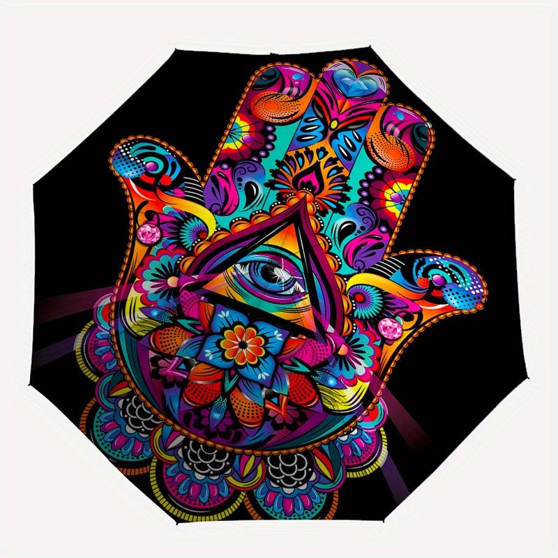 Colorful Hamsa Hand   Spiritual Protection & Good Luck Symbol Poster Print for Home,Umbrella, Portable 3 Fold Compact Umbrella for Men & Women