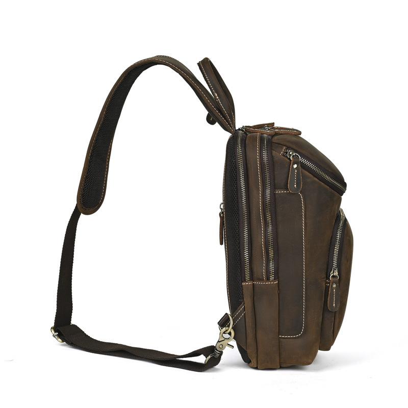 European and American Men's Chest Bag Retro Crazy Horse Leather Single Shoulder Backpack Breathable Large Capacity Crossbody Bag