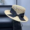 Hepburn Wind Day Single Raffia Hollow Straw Hat Women's Flat Top Sunscreen Top Hat Seaside Sunshade Beach Hat
