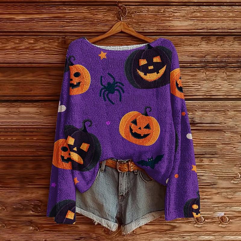 Womens Loose Long Sleeve Knit Sweater 3D Print Halloween Casual Top
