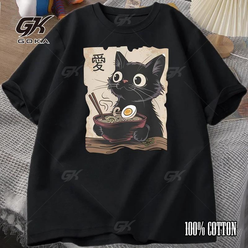 Vtipné kočičí ramen grafické tričko Japonské kawaii anime kočičí tričko Bavlna Krátký rukáv Nadměrné Ležérní Tričko s krátkým rukávem Streetwear