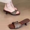 French Niche Retro Temperament Woven Word with Cool Slippers Women's Summer Wear Open-toed Square Head French Thick-heeled Sandals