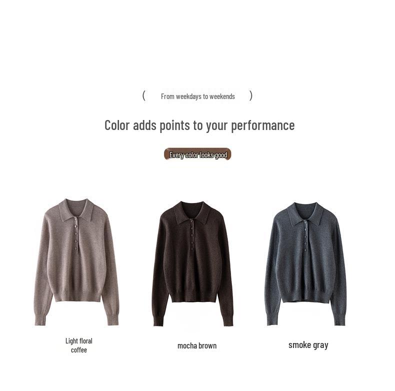 Women's 100% Pure Cashmere Polo Collar Sweater - Autumn/Winter Long Sleeve Loose Knitted Pullover