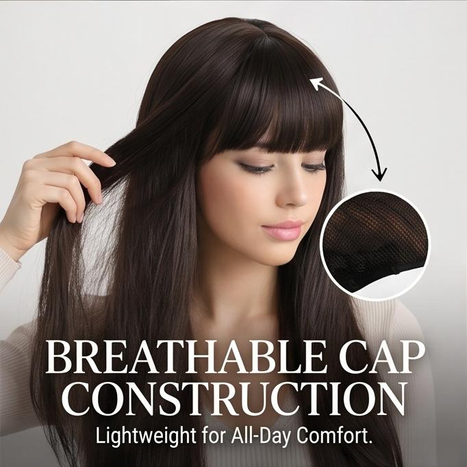 Women's Natural Black Long Straight Synthetic Wig - Breathable Hairpiece with Adjustable Cap for Daily, Party & Casual Use, Ready Stock