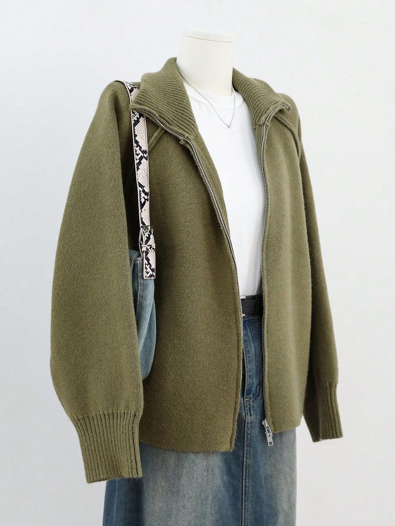 Solid Stand Collar Zip Knitted Cardigan Top Sweater Jacket