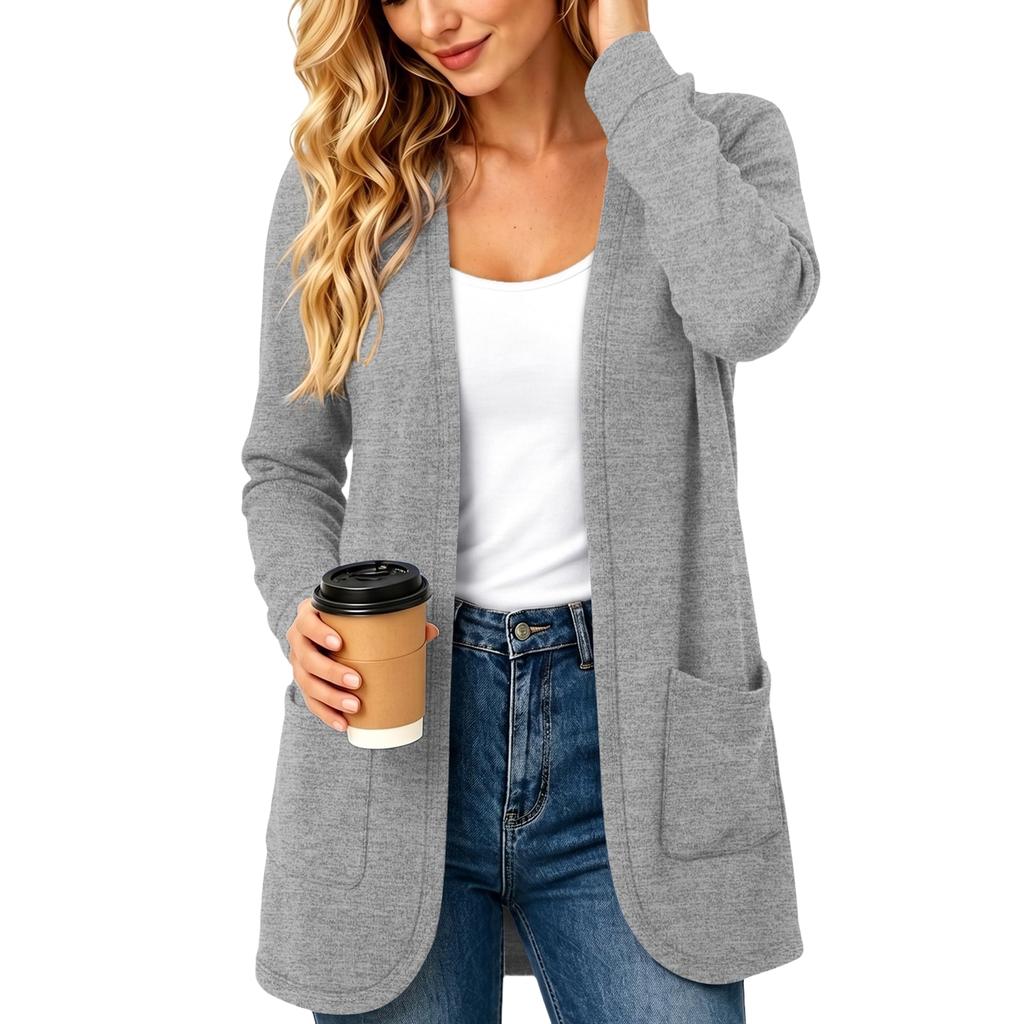 Women's Cardigan Color Long Sleeve with Pockets for Casual Wear