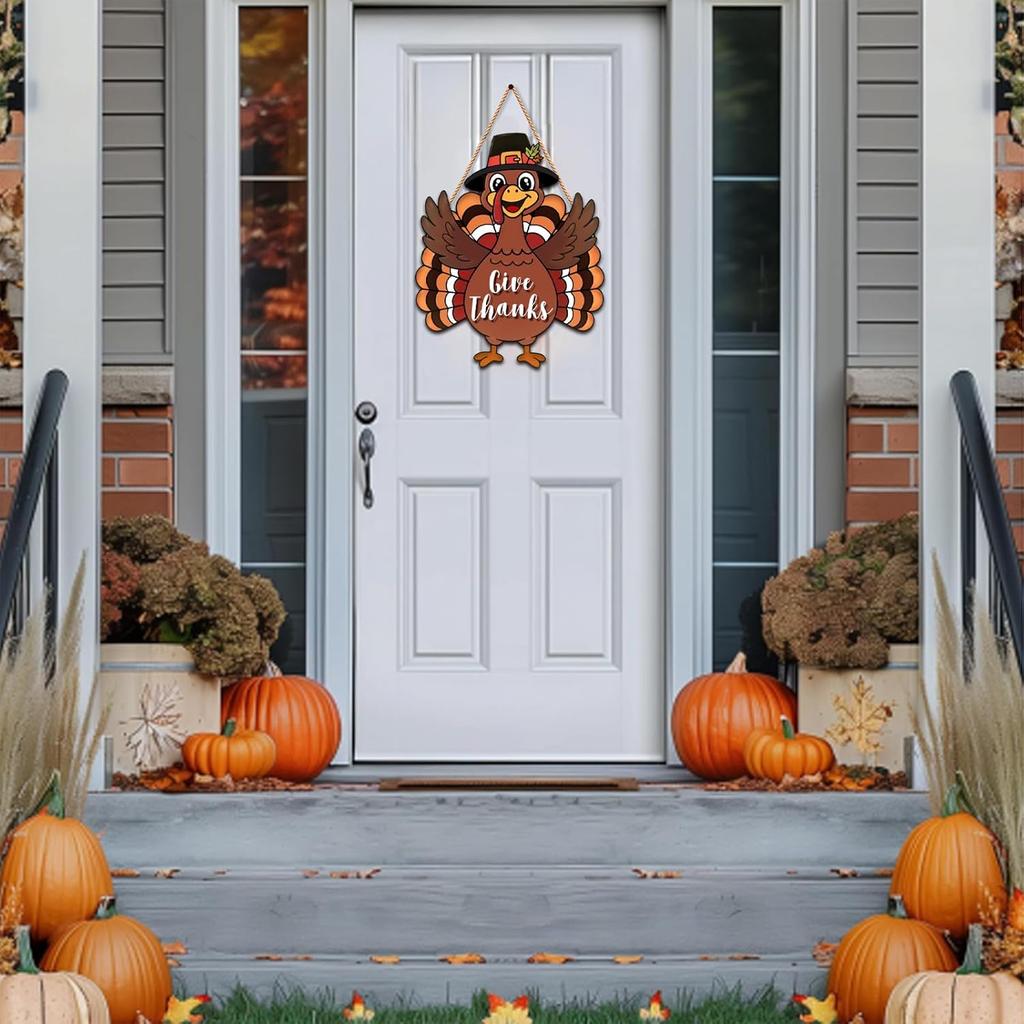 Thanksgiving Turkey Door Decorations Welcome Thanksgiving Wreaths for Front Door Wood Give Thanks Turkey Sign for Home Autumn Fall Harvest Indoor