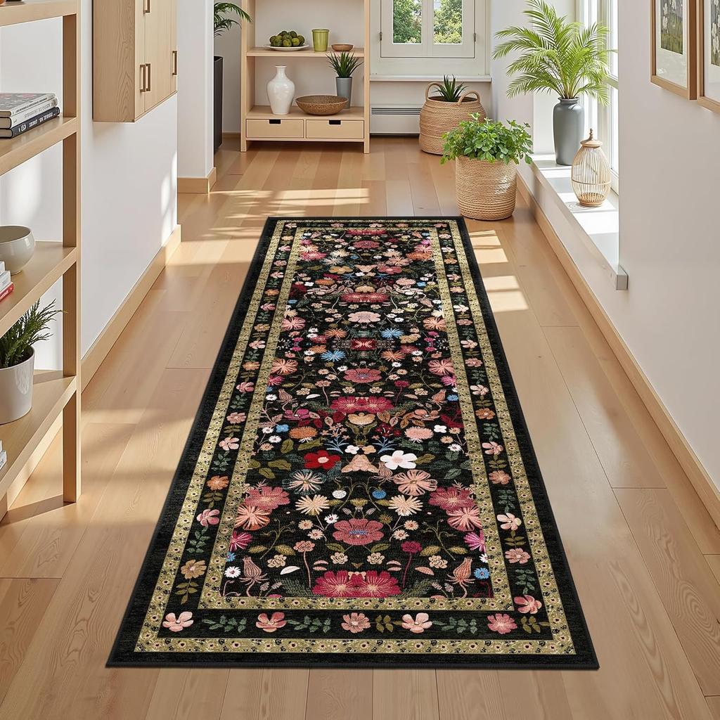 Floral Hallway Runner Rug Soft Flower Botanical Long Carpet Bedroom Non-Slip Floor Mat Machine Washable Kitchen Home Decoration