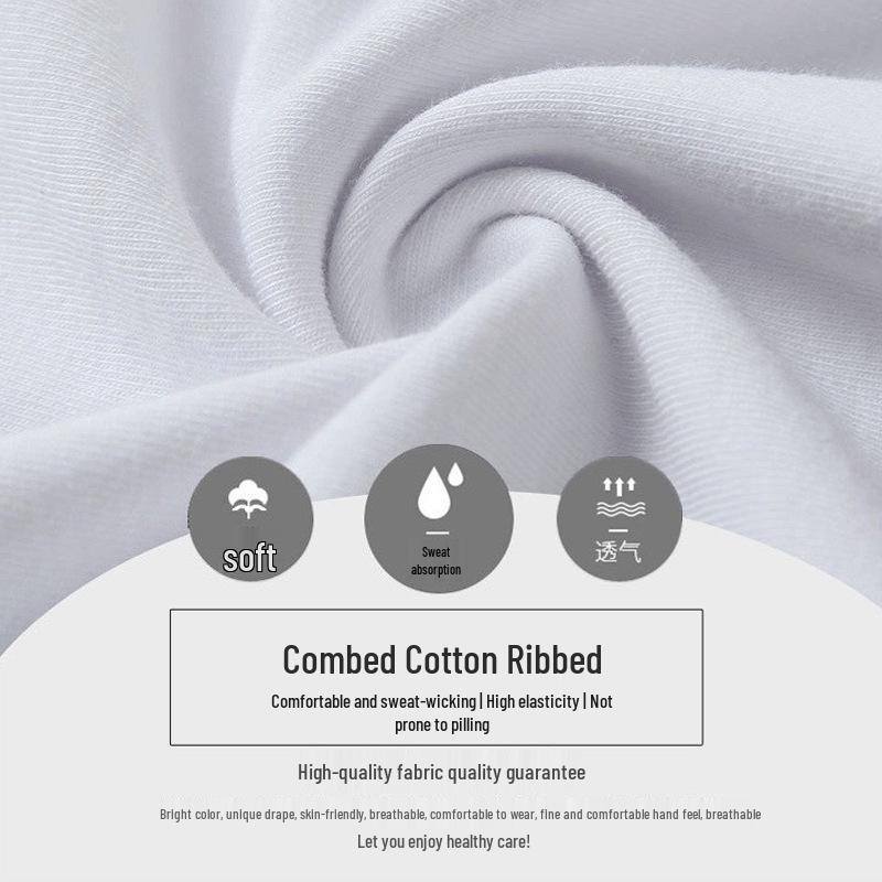 Women's White Cotton Short-Sleeve Ribbed T-shirt - Summer Round Neck, Breathable, Sweat-Absorbent, Slimming Fit