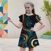 Girls Galaxy Printed Round Neck Flutter Sleeve A Line Flared Dress