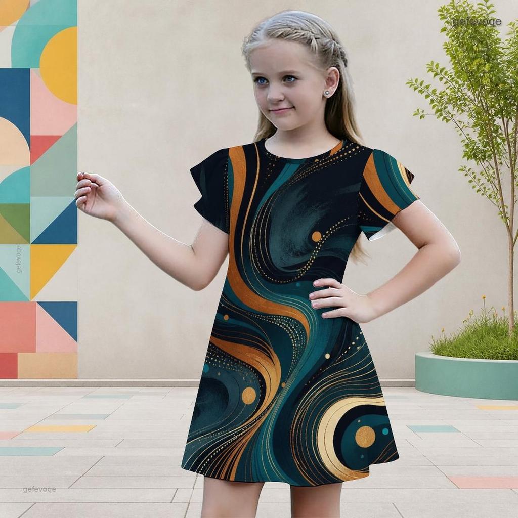 Girls Galaxy Printed Round Neck Flutter Sleeve A Line Flared Dress