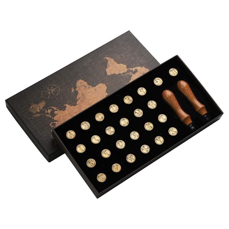 Wax Seal Stamp Gift Box Set 26 Letters Sealing Wax Stamps with 2pcs Wooden Handles Wax Stamp Kits for Cards Envelopes
