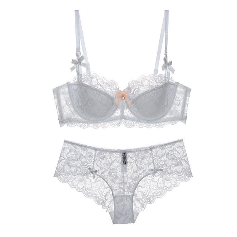 Lace Womens Half-Cup Bra Set With Thin Straps Breathable Supportive Plus Size Grey Red Black