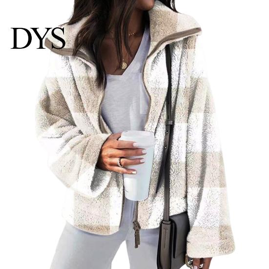 Soft Women Jacket Coat Lapel Long Sleeve Plaid Pattern Loose Fit Zipper Placket Double-Sided Plush Fabric